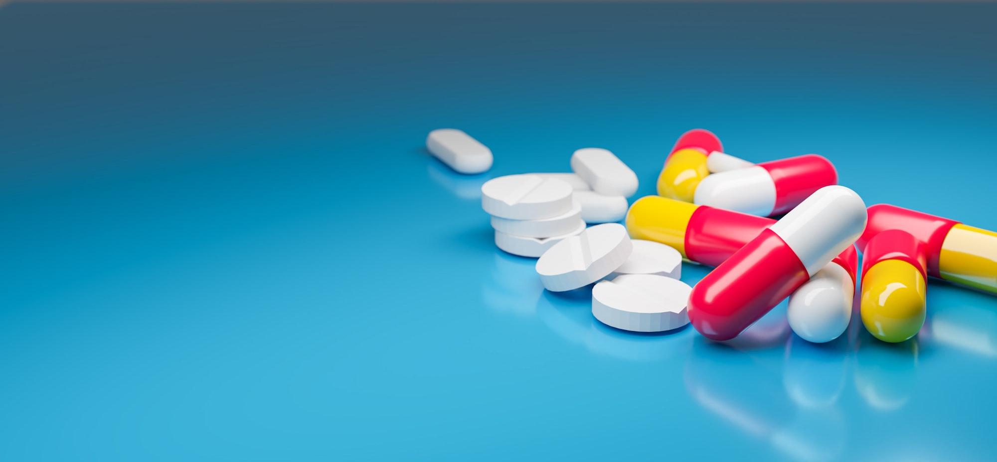 full color medication on blue background