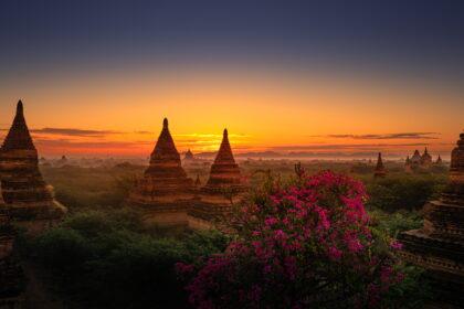 Bagan City Myanmar Burma Beautiful Sunrise Panorama over the Bri